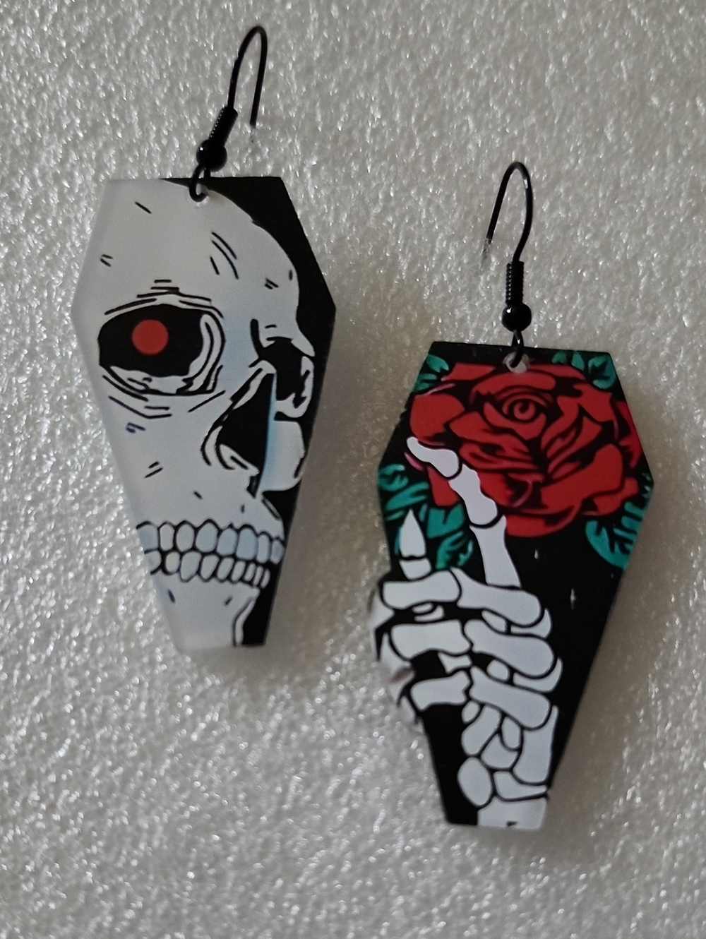 Hand Crafted Red Rose & Skull Coffin Earrings